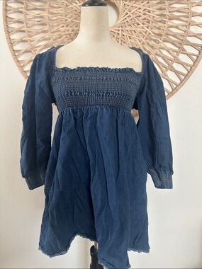 Free People Denim Smocked Square-Neck Dress